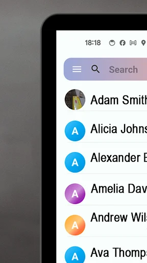 Contacts plus contacts list view with search bar and alphabetically sorted contacts with profile avatars and initials
