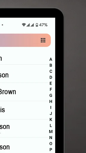 Contacts plus alphabetical index navigation showing A-P letters for quick scrolling through contact list