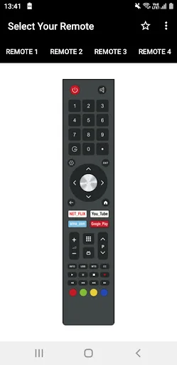 Philco TV remote interface with numeric buttons, directional pad, OK button, colored controls, and streaming app shortcuts.