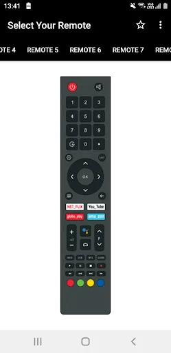 Philco remote control with numeric keypad, navigation controls, OK button, and streaming service quick-access buttons.