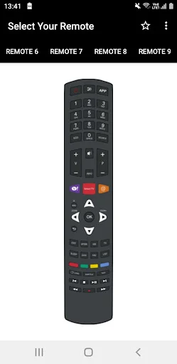 Dark Philco remote with numeric buttons, colored function controls, triangular navigation, and additional command buttons.