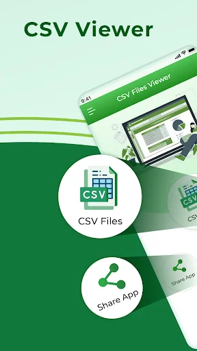 CSV Viewer app home screen displaying CSV Files and Share App feature icons with green branding theme
