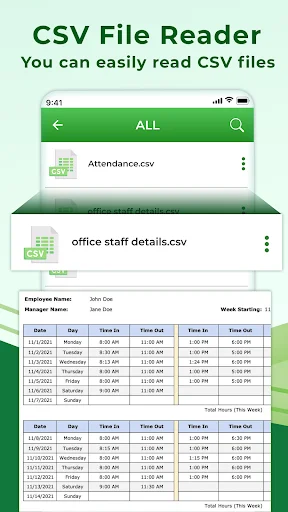 CSV File Reader interface showing file list with Attendance.csv and office staff details.csv, displaying spreadsheet data in table format with employee information