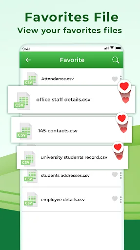 CSV Viewer Favorites screen displaying bookmarked CSV files including Attendance, contacts, and student records marked with red heart icons