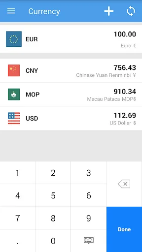 Currency converter app main screen showing EUR, CNY, MOP, USD exchange rates with numeric keypad for amount input