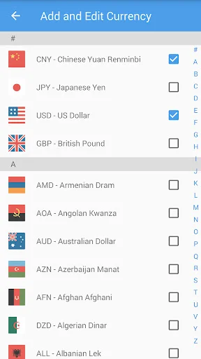 Add and edit currency selection screen displaying world currencies like CNY, JPY, USD, GBP with checkboxes for selection