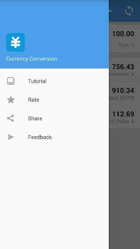 Currency converter app side menu showing tutorial, rate, share, and feedback options for enhanced user experience