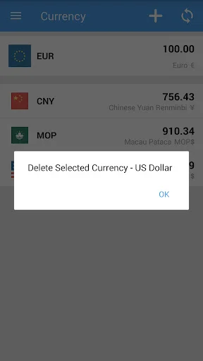 Currency converter app confirmation dialog to delete selected US Dollar currency with OK button for user action