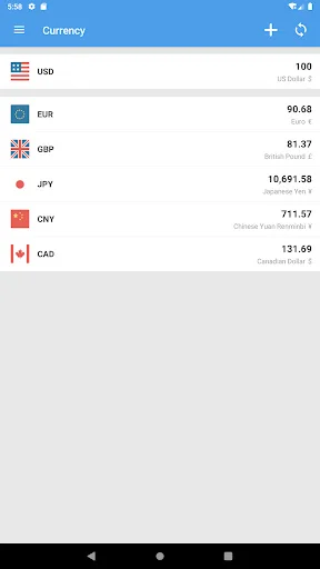 Currency exchange rates display showing USD, EUR, GBP, JPY, CNY, CAD conversion rates for international travel