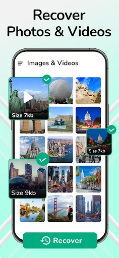 Photo and video recovery gallery showing selected images with file sizes 7kb and 9kb marked with green checkmarks and Recover button