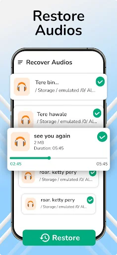 Audio file recovery list displaying recoverable music files with names, sizes, durations, storage location, and Restore button