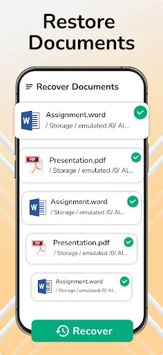 Document recovery interface listing recoverable Word documents and PDF files with storage paths and green checkmarks with Recover button