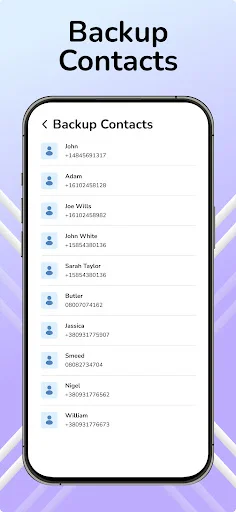 Backup Contacts page showing complete contact list with names and associated phone numbers for contact recovery and restoration