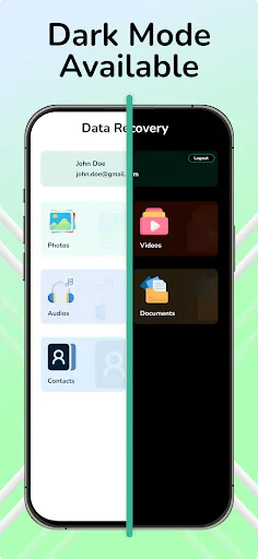 Data Recovery app interface demonstrating light mode and dark mode themes with Photos, Videos, Audios, Contacts recovery categories