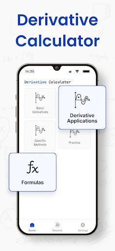 Derivative Calculator home screen displaying menu options for Derivatives, Methods, Applications, Practice, and Formulas