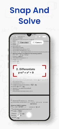 Snap and Solve feature using camera to scan and calculate derivative equation y=x² + x² + 9 for instant step solutions