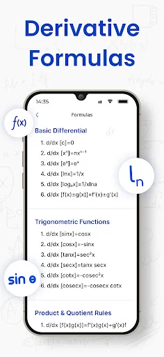 Derivative Formulas reference showing Basic Differentiation rules, Trigonometric Functions, and Quotient Rules for solving