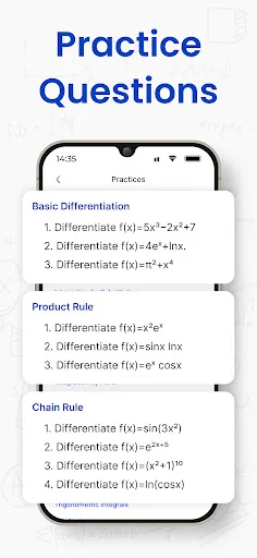 Practice Questions section with derivative problems organized by topics including Basic Differentiation, Product, Chain Rule
