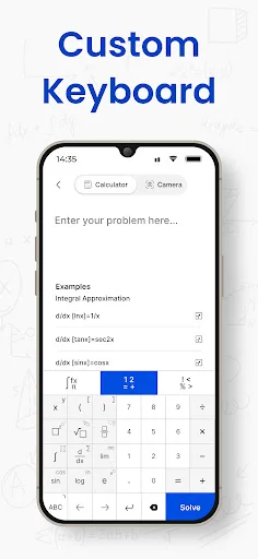 Custom Keyboard feature with mathematical symbols and equation input field for entering derivative problems to calculate