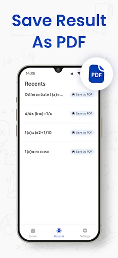 Save Result as PDF feature displaying recent derivative calculations with individual Save as PDF buttons for each solution
