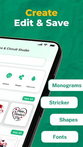 Design Studio create edit and save interface showing design categories including Monograms, Sticker, Shapes, and Fonts options for DIY craft projects