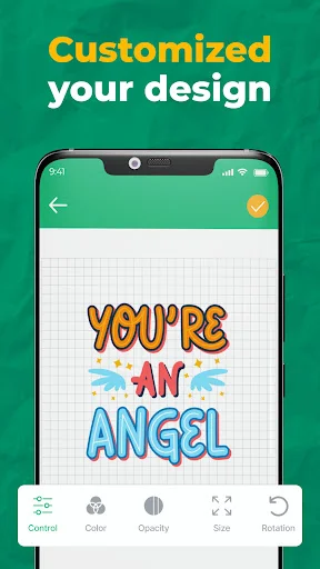 Customization interface with YOU'RE AN ANGEL text design featuring editing tools for Control, Color, Opacity, Size, and Rotation adjustments in the design editor