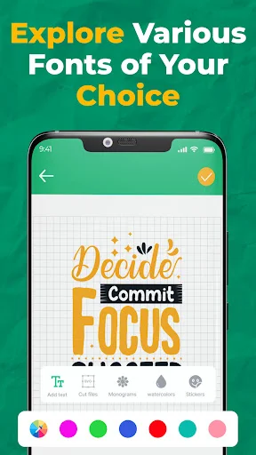 Font exploration screen displaying various font styles with Decide Commit Focus example text and full color palette options for design customization