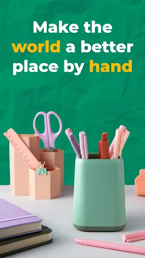Motivational crafting scene showing craft supplies and tools including scissors, markers, pens in containers promoting DIY craft creation