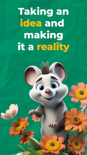 Animated character mascot surrounded by flowers representing turning creative ideas into reality through the Design Studio app