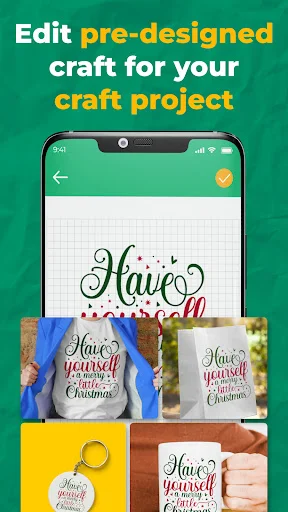 Pre-designed craft editor showing customizable merry Christmas design with product mockups demonstrating cut machine design applications on various craft items