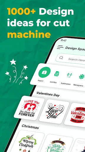 Design Studio app displays 1000+ design ideas for cut machines, featuring Design Space search bar and category tabs for Projects, Cut Files, Stitchlines, and Monograms with holiday-themed designs