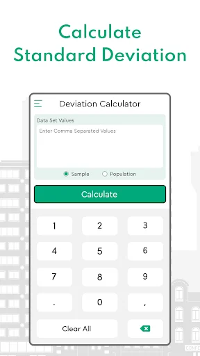 Standard Deviation Calculator data entry screen with Sample and Population selection options, numeric keypad, and Calculate button