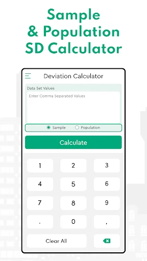 Sample and Population Standard Deviation Calculator interface with input field, radio button options, numeric keypad, and Calculate button