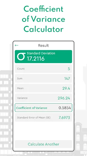 Standard Deviation results displaying Coefficient of Variance 0.5854 calculation with Mean, Variance, Sum, Count, and Standard Error metrics