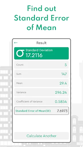 Variance and Standard Deviation results showing Standard Error of Mean 7.6973 with complete statistical calculations including Mean and Coefficient of Variance