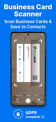 Business card scanner app interface showing smartphone camera viewfinder with document corner guides and scan control buttons, GDPR compliant