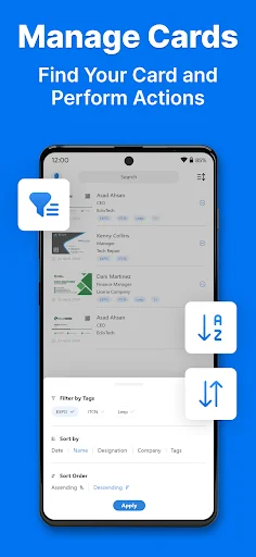 Manage cards interface displaying organized contact list with filtering and sorting options for finding and managing business card contacts
