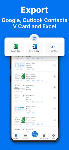 Business card export screen showing export format options including Google CSV, Outlook CSV, and VCF file formats for contact management