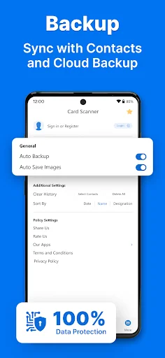 Cloud backup and contact sync settings interface with auto-backup toggle, image storage options, and 100% data protection assurance