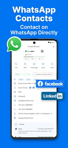 WhatsApp contact interface showing business card details with direct messaging option, plus Facebook and LinkedIn integration features