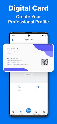 Digital business card creator showing professional profile template with contact information, QR code, and sharing action options