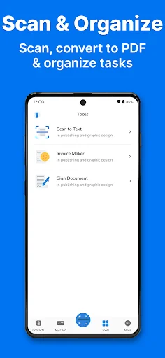 Scan and organize dashboard featuring document scanning tools including text recognition, invoice maker, and PDF conversion capabilities