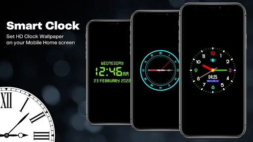 Digital Clock Lock Screen Pro app showcasing smart clock widgets with HD wallpapers on mobile home screen displays