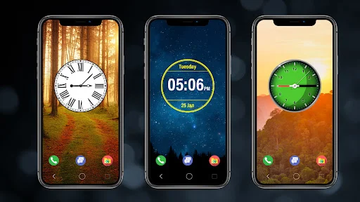 Three phone screens displaying Digital Clock Lock Screen Pro with analog and digital clock widgets on colorful backgrounds