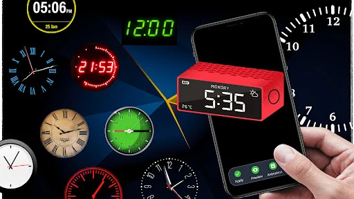 Digital Clock Lock Screen Pro interface showing multiple clock styles including analog, digital, and LED display options