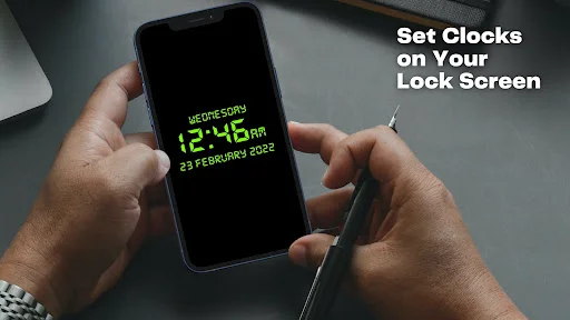 Hands holding smartphone with Digital Clock Lock Screen Pro showing green digital time display and lock screen setup