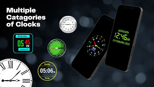 Digital Clock Lock Screen Pro app featuring multiple clock categories with analog and digital clock widget options