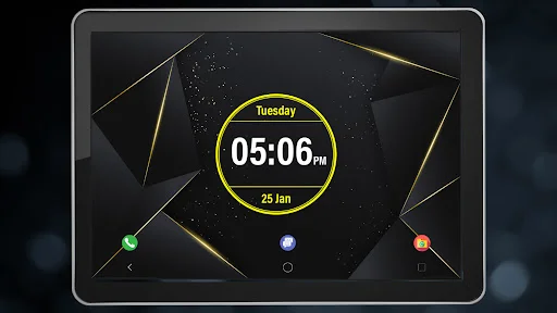 Tablet displaying Digital Clock Lock Screen Pro with geometric design and digital clock widget showing time and date