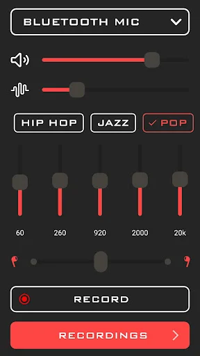 Spy Ear app interface with Bluetooth mic, volume sliders, Pop music preset, 5-band equalizer, and record button for amplifying distant sounds