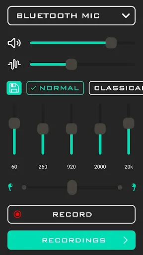 Audio equalizer configuration for Bluetooth microphone with teal controls, Normal and Classical genre modes, frequency sliders, and recording options